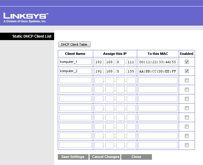 WRT-54GC Assign Static DHCP warstości